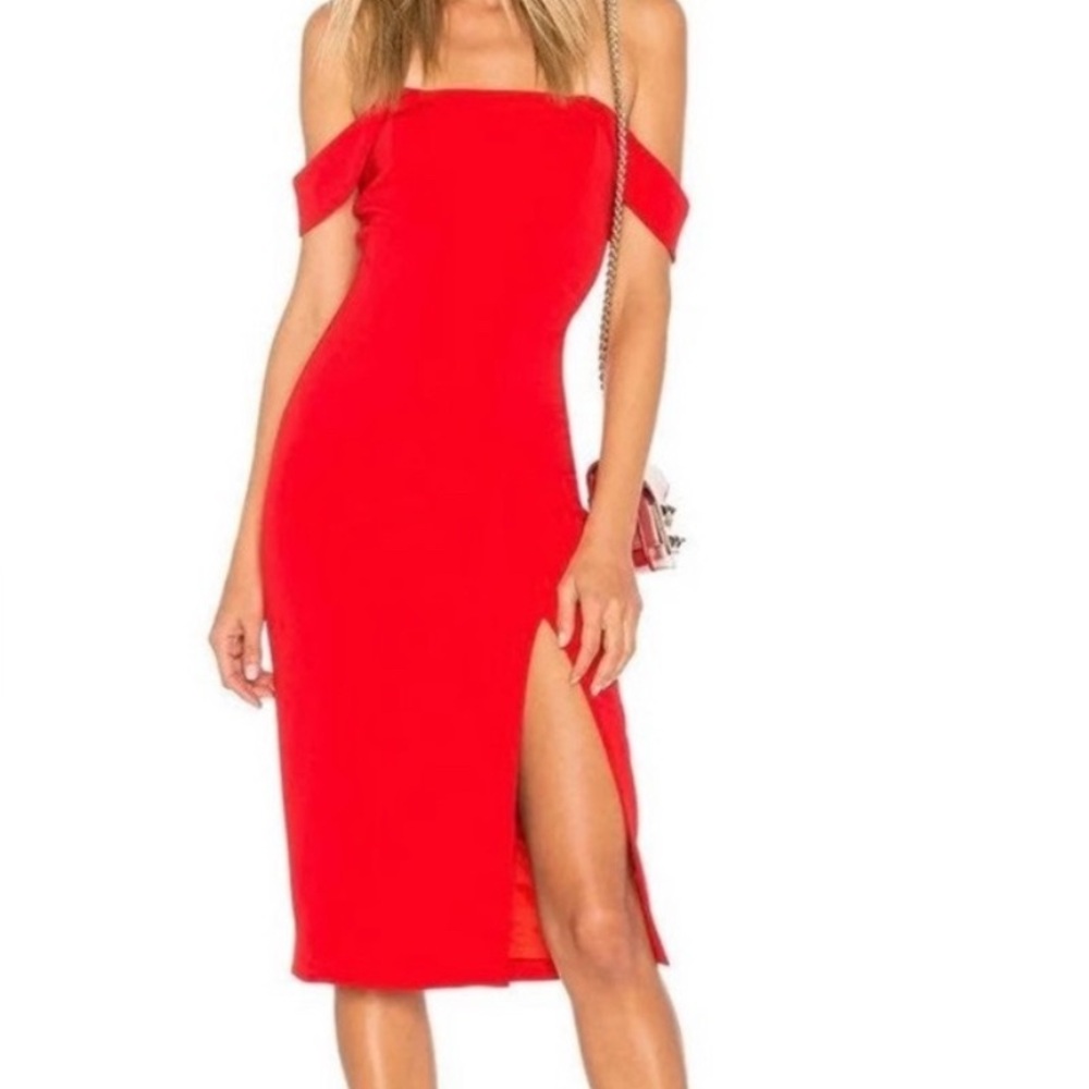 JAYGODFREY Red Off-Shoulder Bodycon Midi Dress